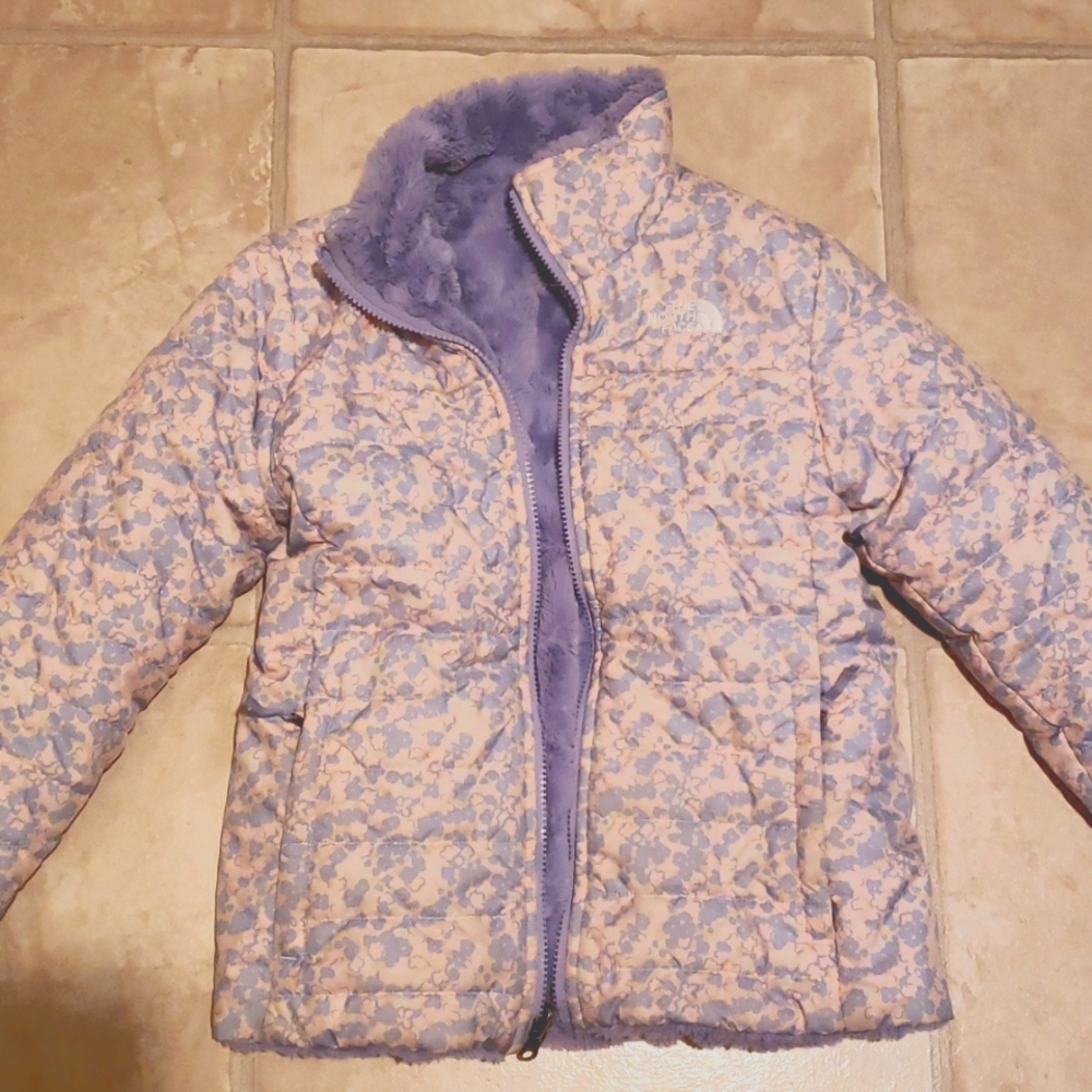 North Face Reversible Jacket. Purple and cream floral, size M (10/12)